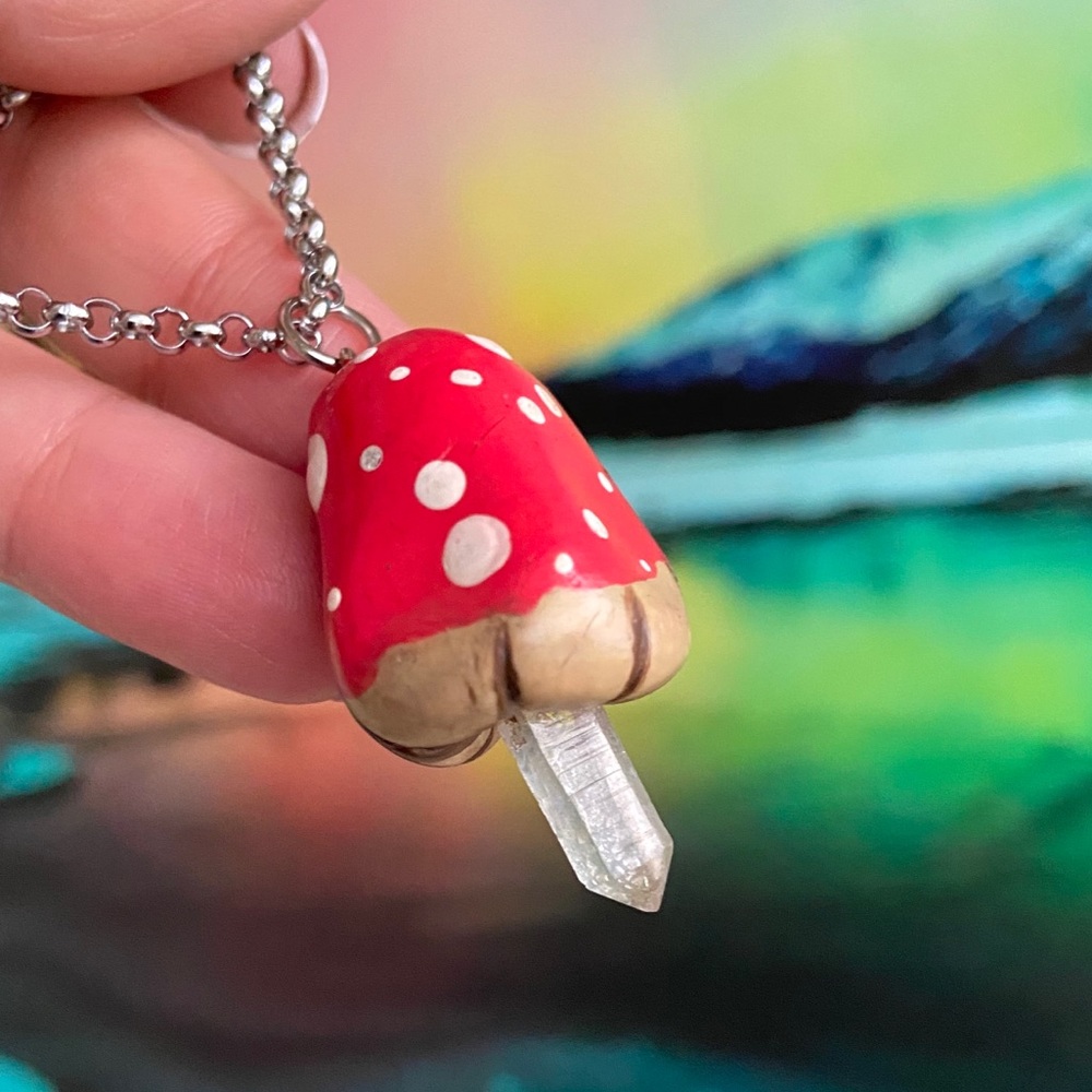 🔴clay & crystal quartz mushroom steel necklace - Picture 2 of 13